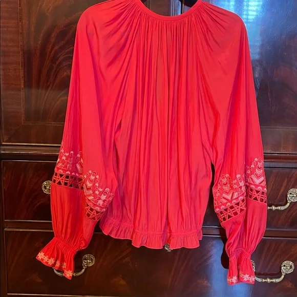 Ramy Brook Vibrant Red Blouse with Embroidered Sleeves, MEDIUM - Picture 7 of 8